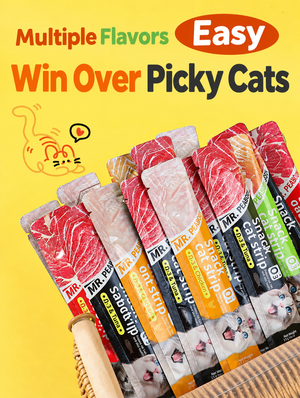 Wholesale beef-flavored cat treats for foreign trade, nutritional strips for kitten weight gain, pet food, cat fish oil wet food packs