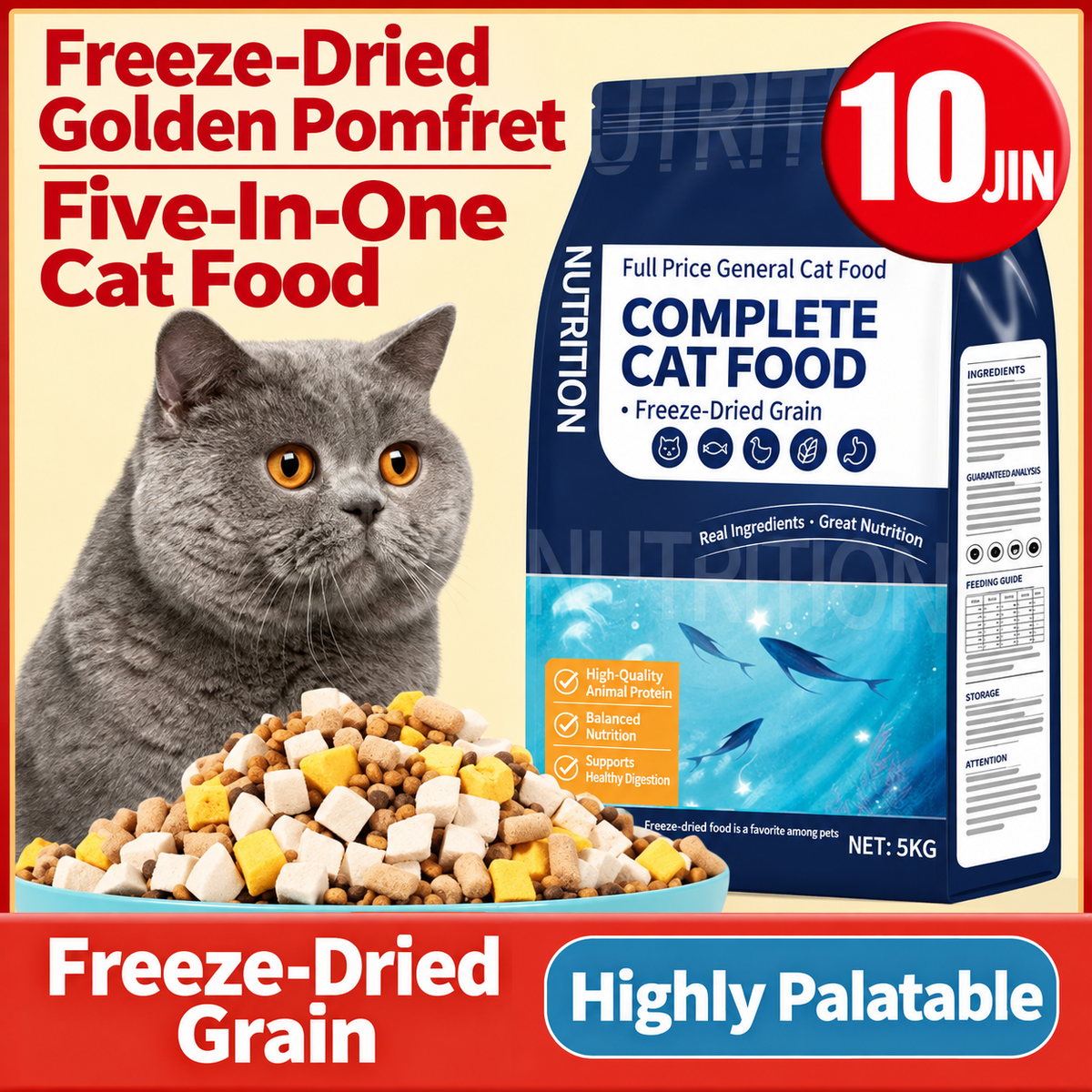 Freeze-Dried Raw Meat Cat Food – High-Protein Dry Cat Food with Meat & Bone Nutrition, Complete Daily Food for Kittens & Adult Cats