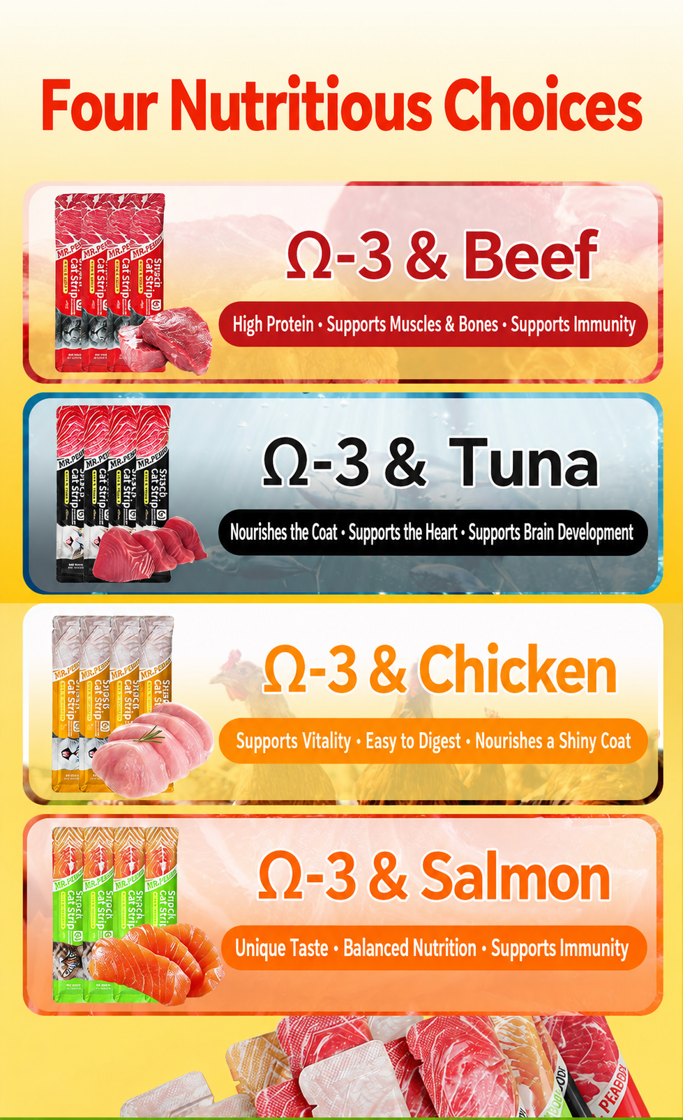 Wholesale beef-flavored cat treats for foreign trade, nutritional strips for kitten weight gain, pet food, cat fish oil wet food packs