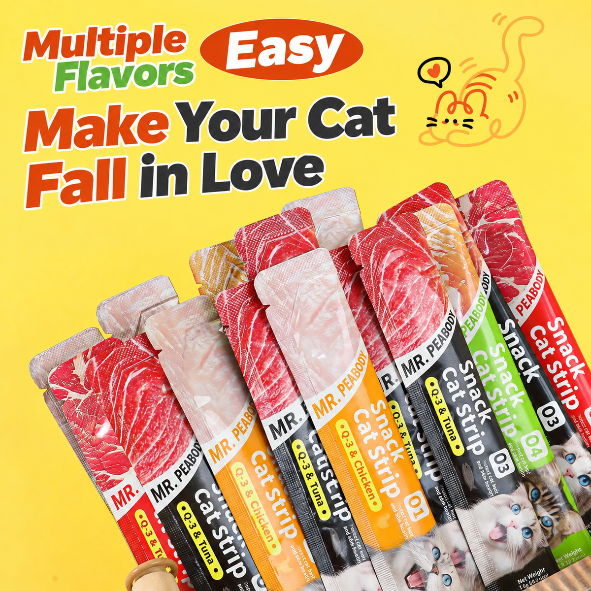 Wholesale beef-flavored cat treats for foreign trade, nutritional strips for kitten weight gain, pet food, cat fish oil wet food packs